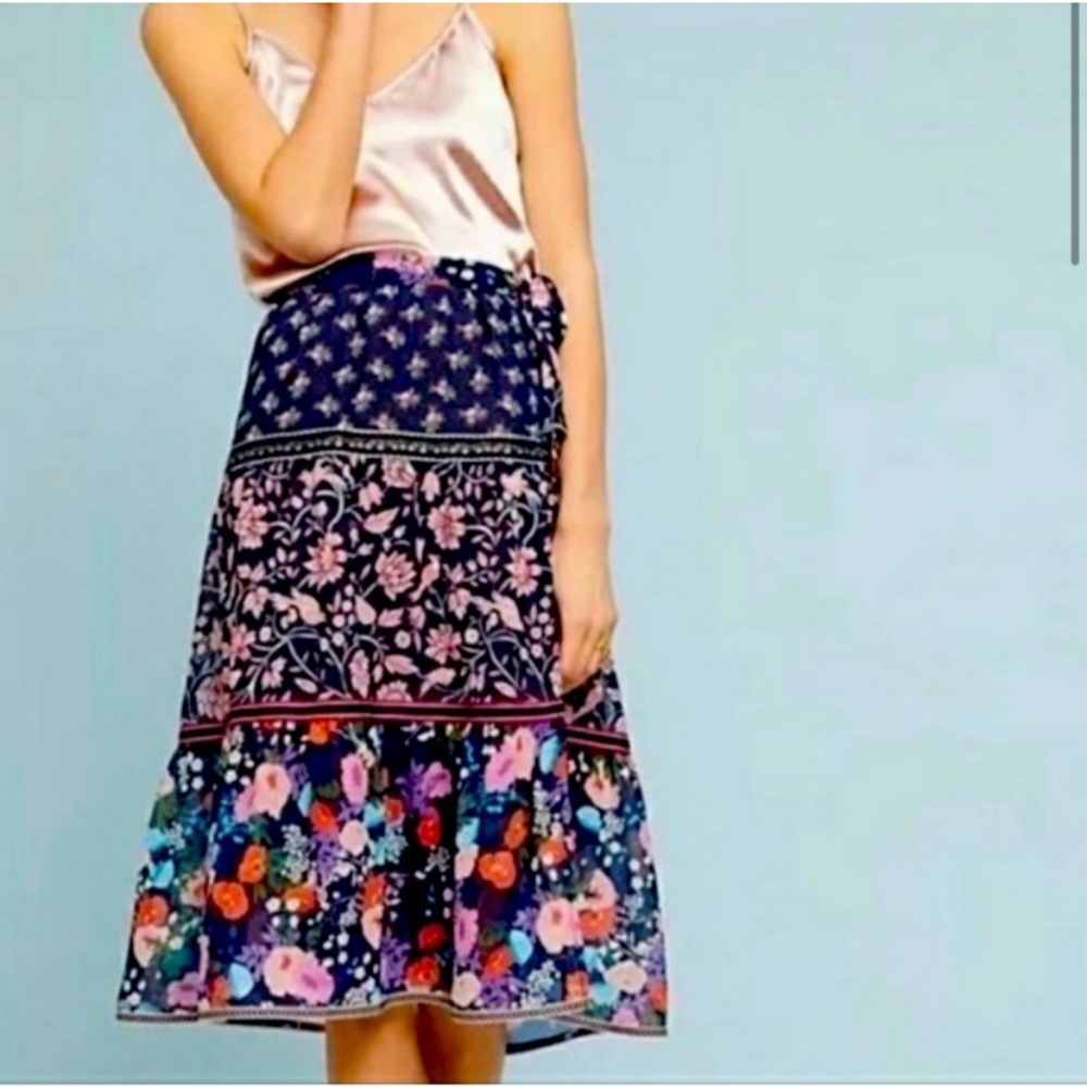 one september floral Anthropologie floral patchwork faux wrap skirt size xs